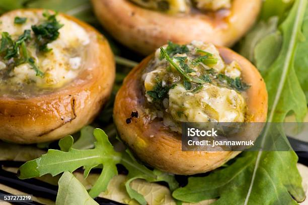 Delicious Stuffed Mushrooms With Cheese And Pesto Stock Photo - Download Image Now - 2015, Antipasto, Appetizer