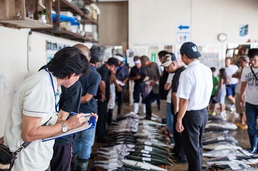 Yomitan, Japan - August 10, 2015: The fish market prepares to auction off the days catch of fish.