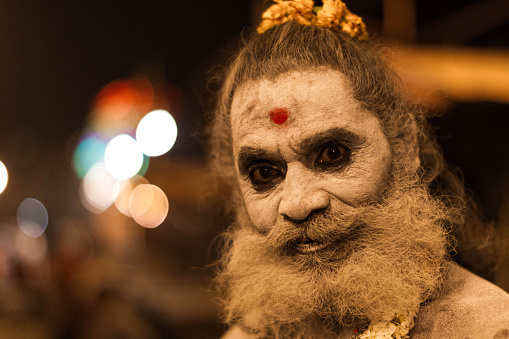 Portrait of Hindu sadhu from the ghat of Varanasi, India.