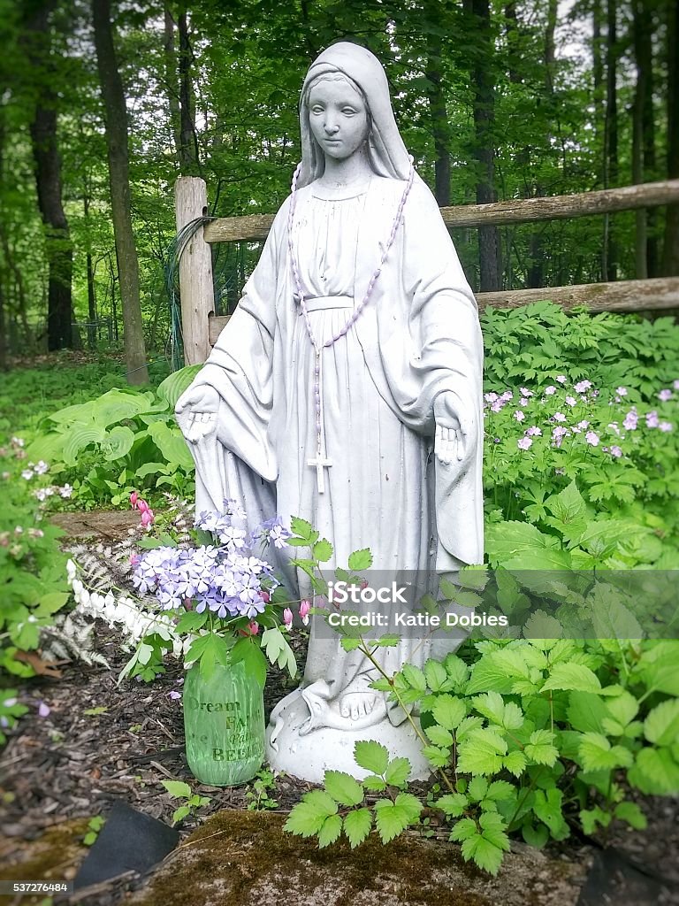 Honoring Virgin Mary Statue Bleeding Hearts Phlox Flowers Garden ...