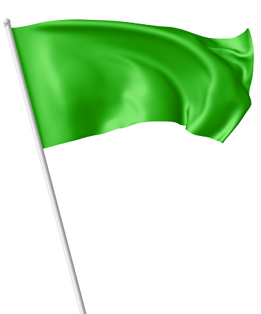 Green flag on flagpole flying and waving in the wind isolated on white, 3d illustration