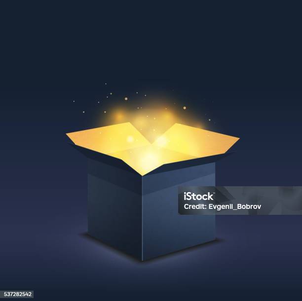 Blue Box With Magic Golden Light On Dark Stock Illustration - Download Image Now - Box - Container, Opening, Open