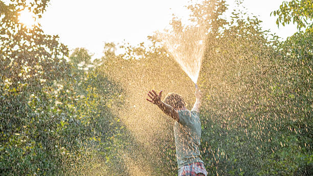 istock Man standing in summer nature surrounded by tall trees spraying 537284764