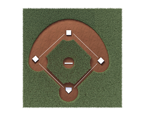 3D render of a baseball field with bases and chalk lines seen from a aerial view on a white background.  Please see my portfolio for other 3d renders. 