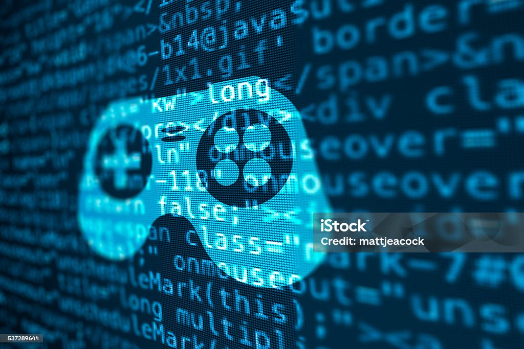 Computer data code screen with game control icon Video Game stock illustration