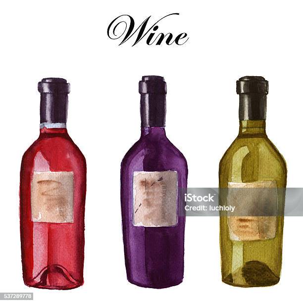 Three Bottles Of Wine Isolated Watercolor Illustration Stock Illustration - Download Image Now