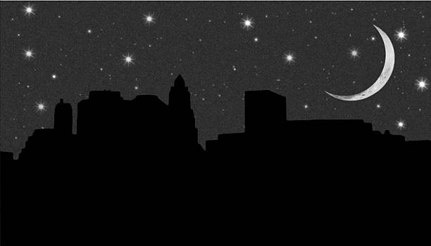 illustrazioni stock, clip art, cartoni animati e icone di tendenza di lower manhattan silhouette su sfondo di cielo stellato di notte - new york city skyline silhouette manhattan