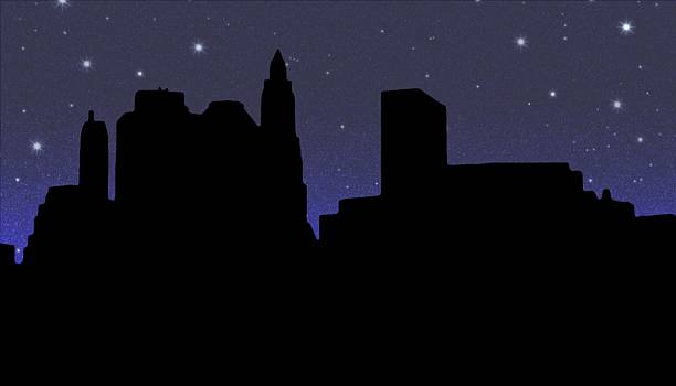 illustrazioni stock, clip art, cartoni animati e icone di tendenza di lower manhattan silhouette su sfondo di cielo stellato di notte - new york city skyline silhouette manhattan