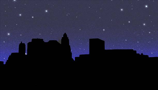 illustrazioni stock, clip art, cartoni animati e icone di tendenza di lower manhattan silhouette su sfondo di cielo stellato di notte - new york city skyline silhouette manhattan
