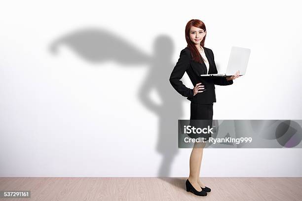 Superhero Business Woman With Computer Stock Photo - Download Image Now - Business Person, Cape - Garment, 2015