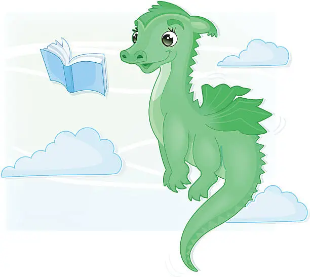 Vector illustration of cute flying and reading babydragon