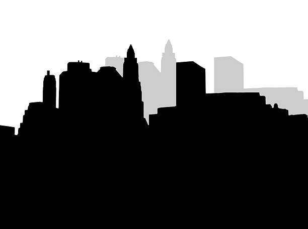 illustrazioni stock, clip art, cartoni animati e icone di tendenza di lower manhattan sagoma su sfondo bianco - new york city skyline silhouette manhattan