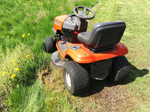 istock red lawn mower on green grass in sunny day 537294942