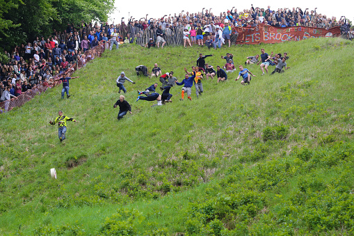 Brockworth, England - May 31, 2016: Entrants chasing the cheese at the 2016 ‘Cheese Rolling’ held at Cooper’s Hill, in the Cotswolds. Every spring bank holiday Monday on the 1 in 2 gradient (Yes 1 in 2!) ‘Coopers Hill’ in the depths of the beautiful Gloucestershire countryside, the slightly ‘More Crazy’ people of not only Gloucestershire but the world gather to pit themselves against ‘The Cheese’. The atmosphere at the event is a true joy with everyone helping each other scale the steep hill. In the true tradition of British stiff upper lip and community spirit a small band of enthusiasts from Brockworth and surrounding area take it upon themselves to organise, control and marshall the event