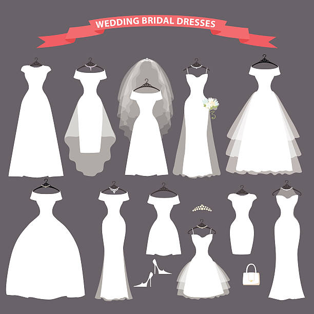 illustrations, cliparts, dessins animés et icônes de ensemble de mariée, robes de mariage à accrocher rubans - robe de mariée