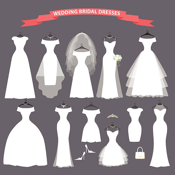 illustrazioni stock, clip art, cartoni animati e icone di tendenza di set di sposa, matrimonio abiti appesi su nastri - abito da sposa