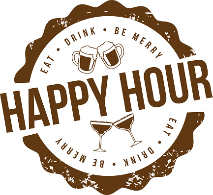 Happy hour stamp EPS 10 vector royalty free illustration for pubs, bars, nightclubs, restaurants, signage, posters, advertising, coasters, web, blogs, articles