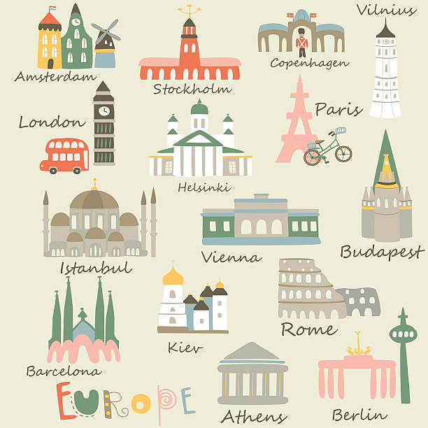 ilustraciones, imágenes clip art, dibujos animados e iconos de stock de europecitiesmany - brandenburg gate famous place germany spain