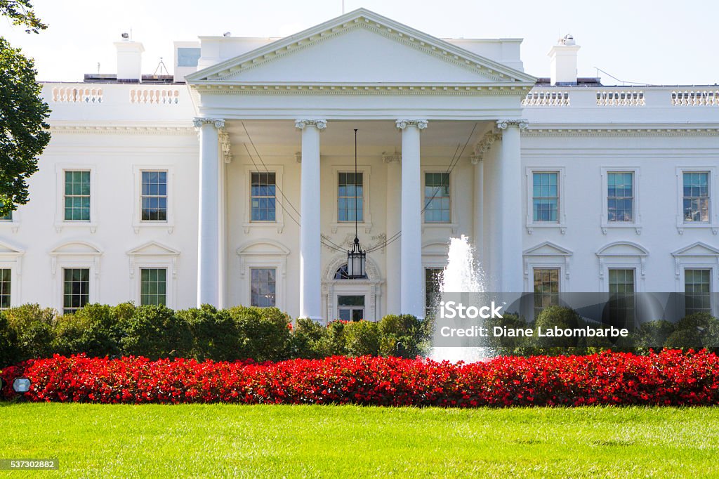 North Portico Of The White House - Washington DC North Portico Of The White House in Washington DC. There is a fountain and beautiful red flowerbeds. Architectural Column Stock Photo