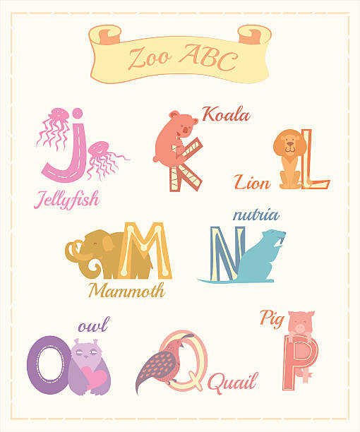 Set of cartoon alphabet characters with animals v.2 Set of cartoon alphabet characters with animals v.2 nutria rodent animal alphabet stock illustrations