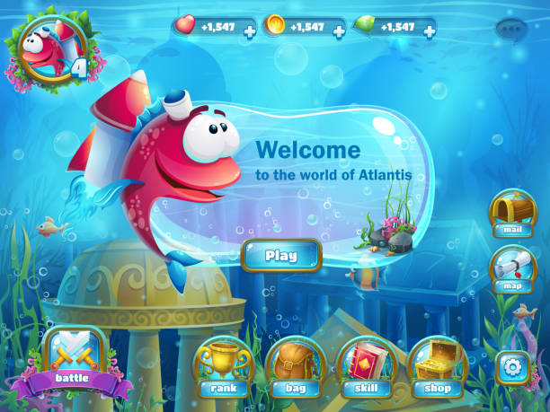 atlantis ruiny z ryb rakieta-menu gui - animal animal themes sea below stock illustrations