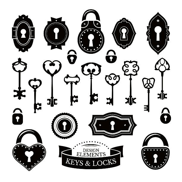 Set of different vintage keys and keyholes and locks vector art illustration