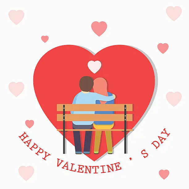 Vector illustration of Young couple in love sitting together on bench in park