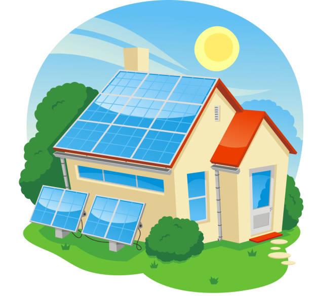 태양 에너지 하우스 - solar power station solar panel sun house stock illustrations