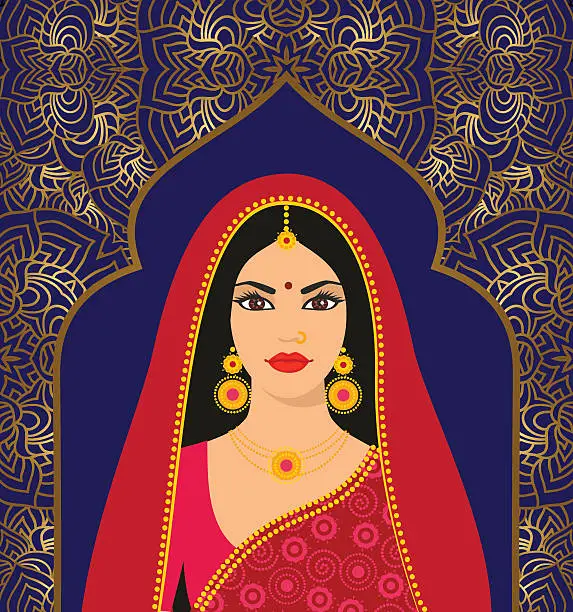 Vector illustration of Beautiful Indian brunette young woman in sari.