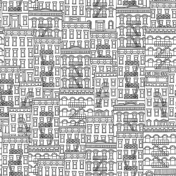 Hand drawn seamless pattern of New York style houses vector art illustration