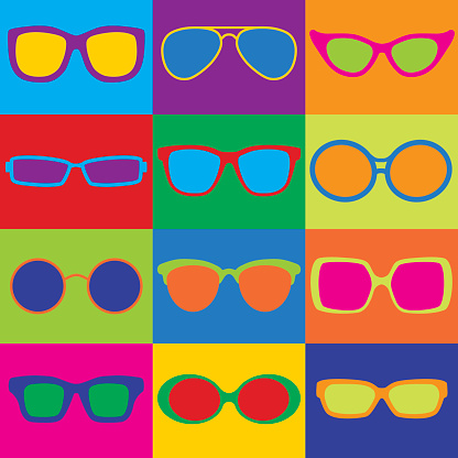 Pop-Art styled illustration of popular eyeglass frame styles in a colorful checkerboard. Can also be used as a repeat pattern.
