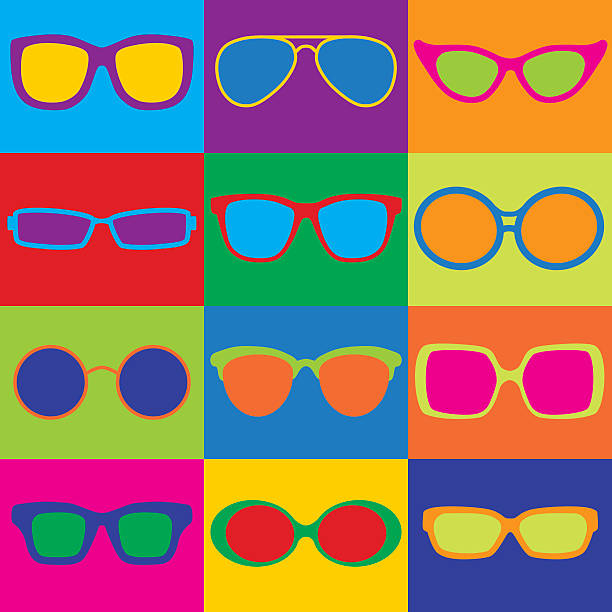 Eyeglasses Checkerboard Pop-Art styled illustration of popular eyeglass frame styles in a colorful checkerboard. Can also be used as a repeat pattern. multi coloured glasses stock illustrations