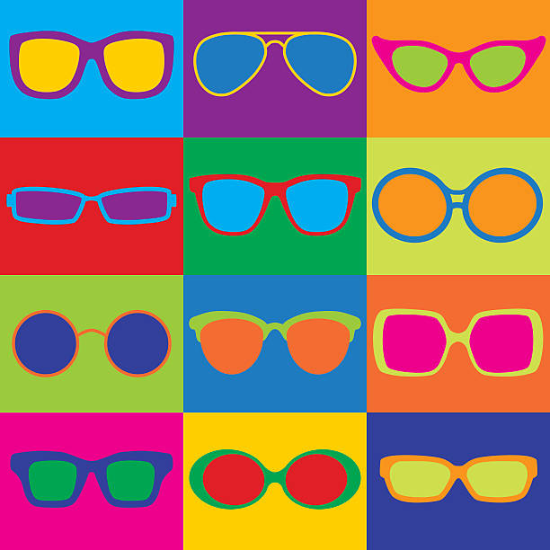 Eyeglasses Checkerboard Pop-Art styled illustration of popular eyeglass frame styles in a colorful checkerboard. Can also be used as a repeat pattern. horn rimmed glasses stock illustrations