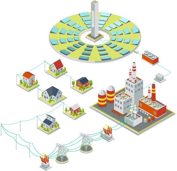 ilustrações, clipart, desenhos animados e ícones de sistema de energia solar. 3 d conceito isométrica eletricidade - electricity control panel electricity substation transformer