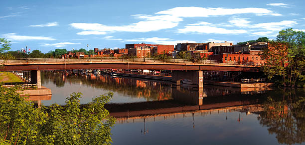 Seneca Falls View of the city of Seneca Falls and Ovid Street Bridge erie canal stock pictures, royalty-free photos & images