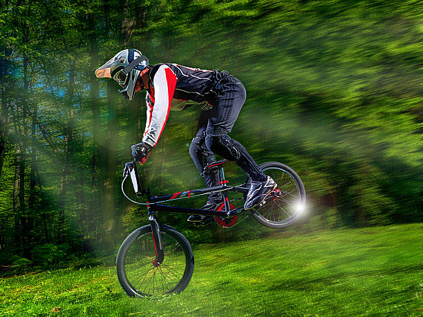 istock Young bmx bicycle rider on background of trees 537310530