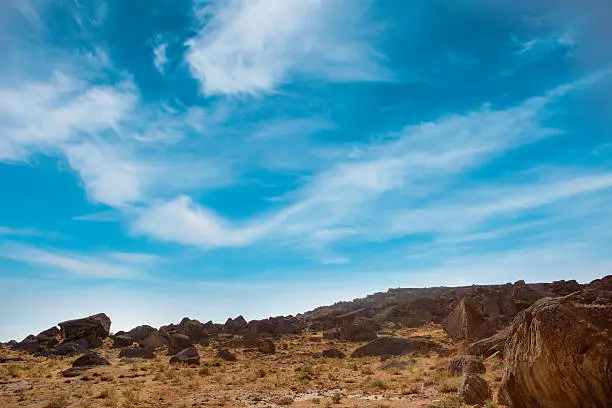 Qobustan national park antient rocks and mountains in Azerbaijan near Baku