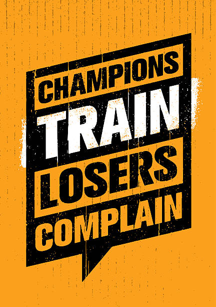 Champions Train Losers Complain Speech Bubble Vector Sport And Fitness Creative Motivation Vector Design. Gym Banner Concept On Grunge Cardboard Background. gym borders stock illustrations