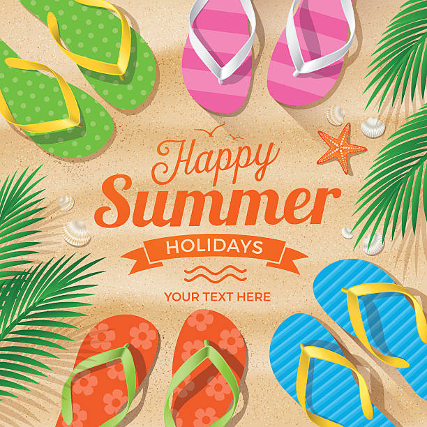 Flip Flops colored on Summer Beach Flip Flops colored on Summer Beach with text "Happy Summer Holidays". flip flop stock illustrations