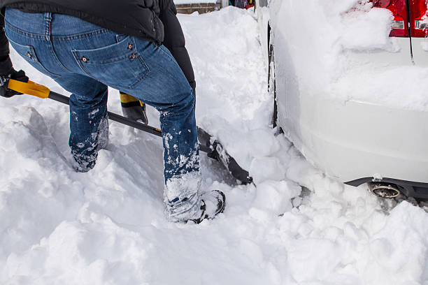 shovelling schnee - snow digging horizontal people stock-fotos und bilder