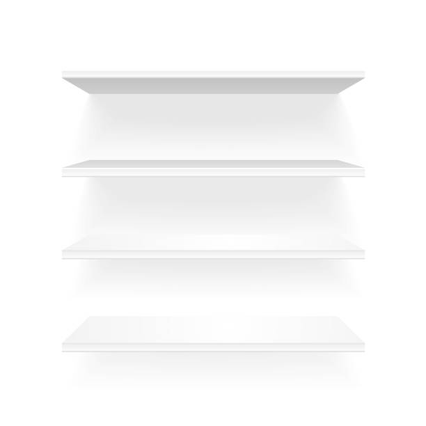 White shelf. Vector Empty white shelf for exhibit on light background sold out transparent stock illustrations