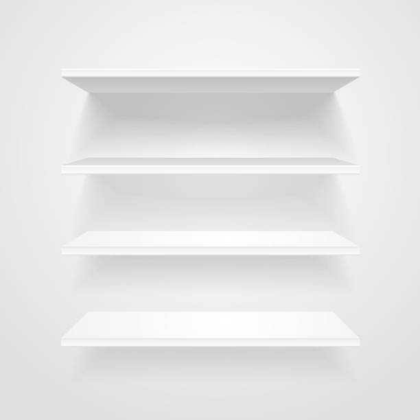 White shelves. Vector Empty white shelves for exhibit on light background sold out transparent stock illustrations