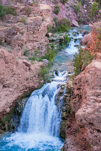 Havasu Creek Unnamed Falls A unnamed waterfall cuts through Havasu Canyon on the Havasupai Indian Reservation in the Grand Canyon. harasu canyon stock pictures, royalty-free photos & images