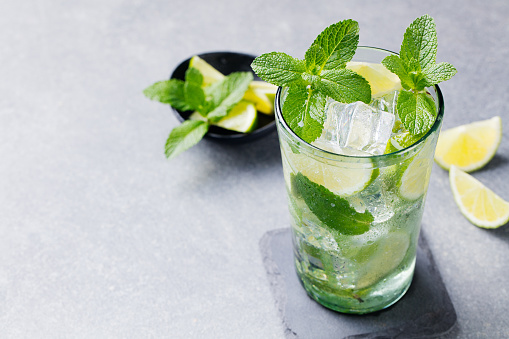 Mojito cocktail with lime and mint in highball glass on a grey stone background Copy space