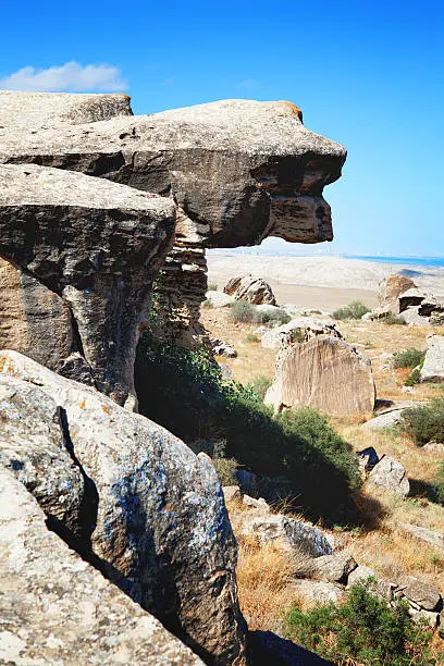 Qobustan national park antient rocks and mountains in Azerbaijan near Baku