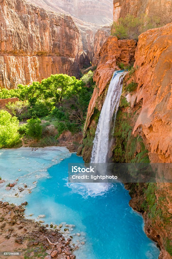 Havasu Falls Plunges into Turquoise Pool Havasu Falls plunges into a deep blue-green pool, with Cataract Canyon behind lit by the morning sun, on Havasupai Indian Reservation in the Grand Canyon. Grand Canyon National Park Stock Photo