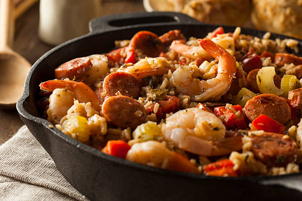 Spicy Homemade Cajun Jambalaya Spicy Homemade Cajun Jambalaya with Sausage and Shrimp louisiana stock pictures, royalty-free photos & images