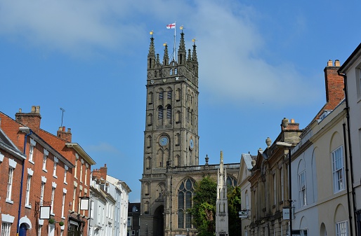 Tower of Saint Mary's Church, Warwick, Warwickshire,  The Collegiate Church of St Mary is a Church of England parish church in the town of Warwick, England.  It houses the tomb of Elizabeth's suitor, Robert Dudley, Earl of Leicester