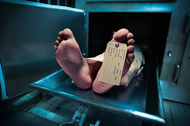 Feet on a morgue table with toe tag stock photo