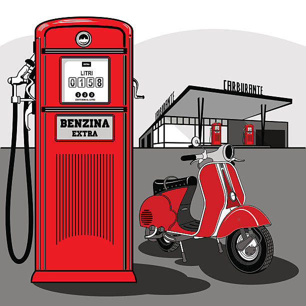 Red scooter at a gas station. Old, stylish gas station, red.